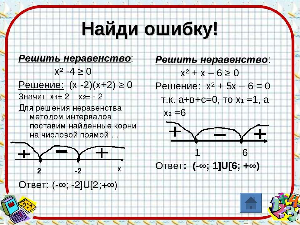 Презентация на тему решение квадратных неравенств методом интервалов 8 класс