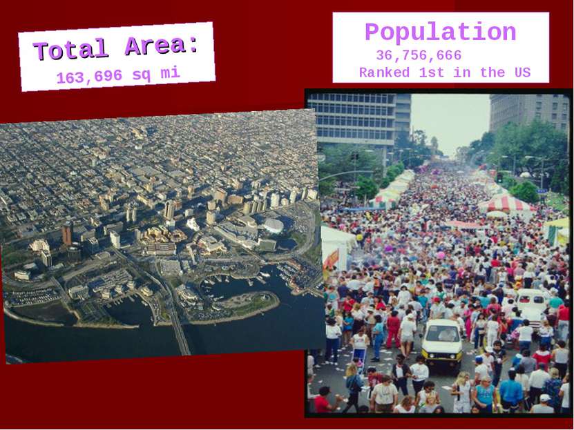 Total Area: 163,696 sq mi Population 36,756,666 Ranked 1st in the US