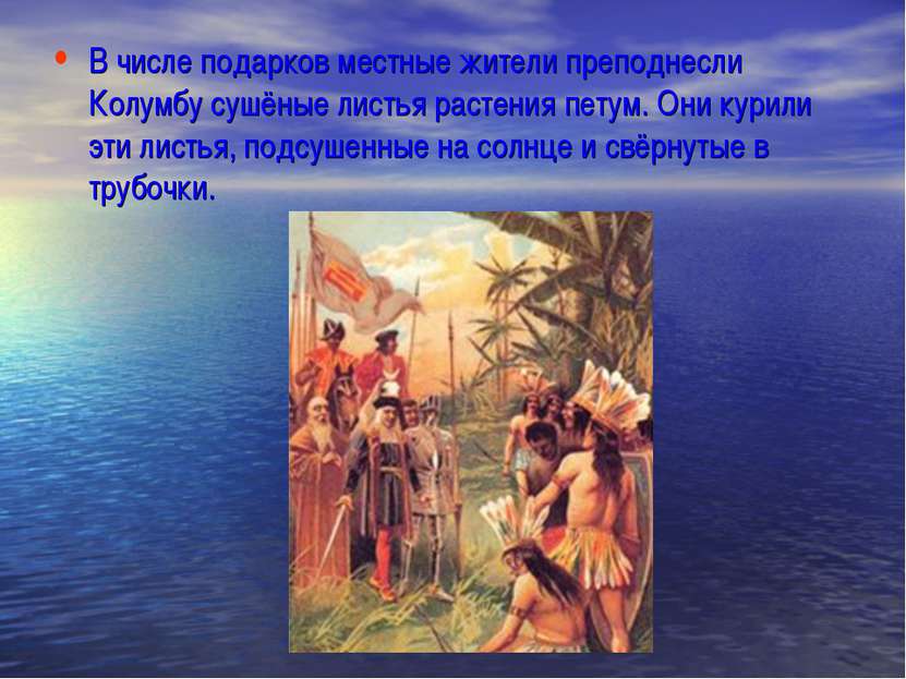 В числе подарков местные жители преподнесли Колумбу сушёные листья растения п...