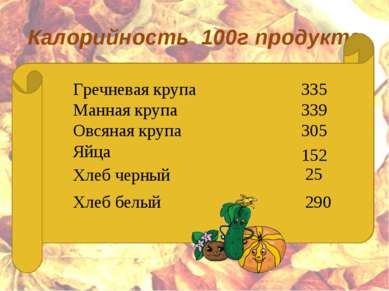 Калорийность 100г продукта     Гречневая крупа 335 Манная крупа 339 Овсяная к...