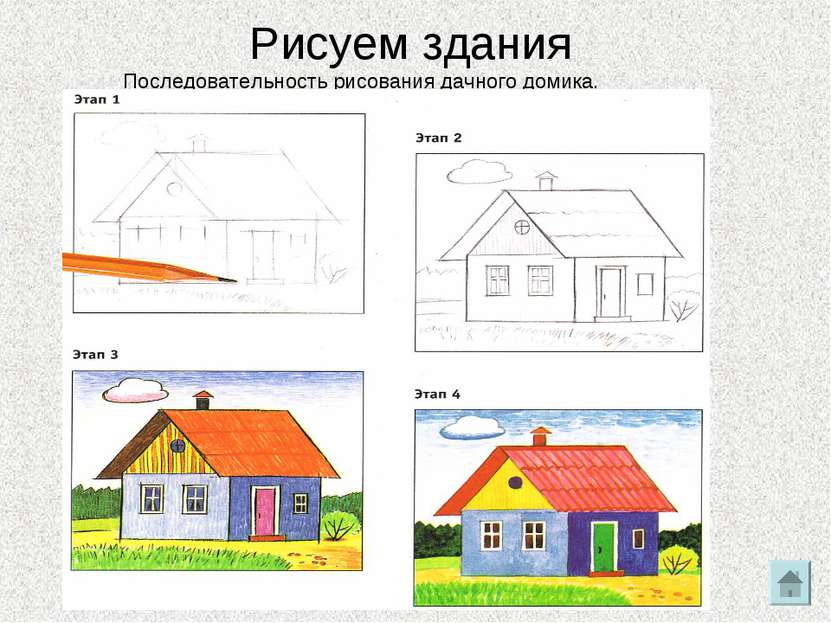 Рисуем здания Последовательность рисования дачного домика.