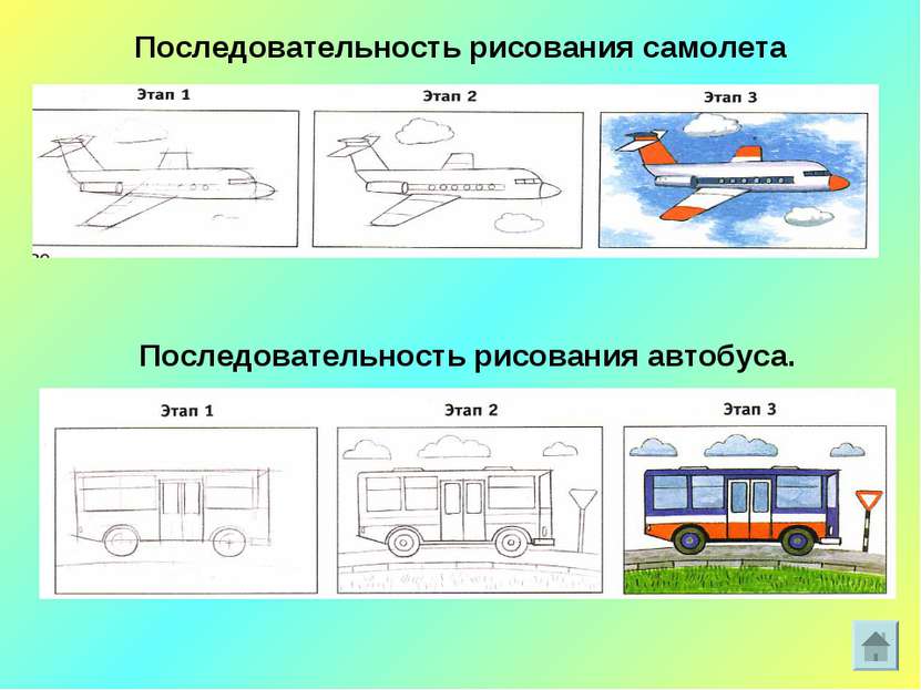 Последовательность рисования самолета Последовательность рисования автобуса.