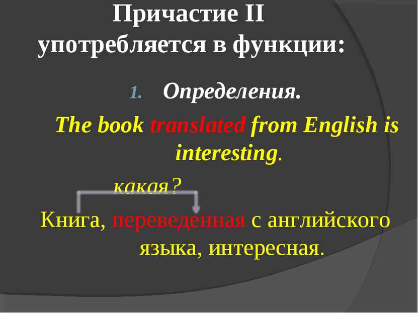 Причастие II употребляется в функции: Определения. The book translated from E...