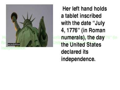 Her left hand holds a tablet inscribed with the date “July 4, 1776” (in Roman...