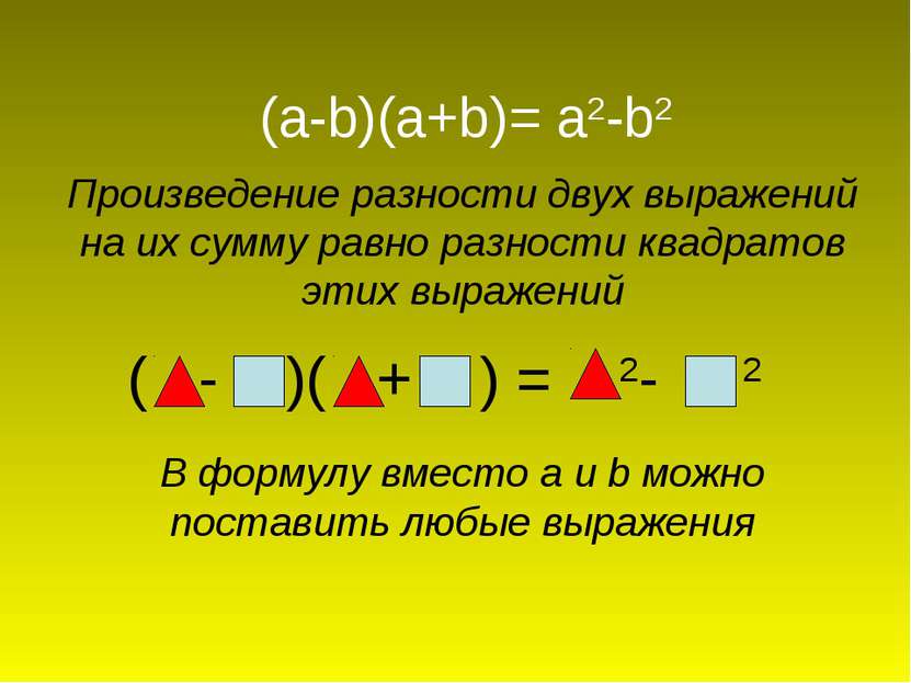 (a-b)(a+b)= a2-b2 Произведение разности двух выражений на их сумму равно разн...