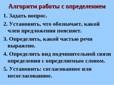 Алгоритм работы с определением 1. Задать вопрос. 2. Установить, что обозначае...