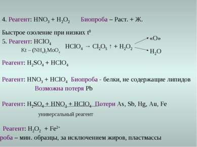 6. Реагент: H2SO4 + HClO4 7. Реагент: HNO3 + HClO4 Биопроба - белки, не содер...