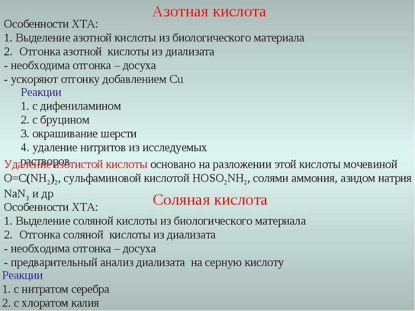 Азотная кислота Особенности ХТА: 1. Выделение азотной кислоты из биологическо...