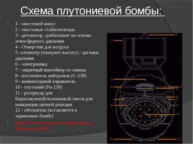 Схема плутониевой бомбы: 1 - хвостовой конус 2 - хвостовые стабилизаторы 3 - ...