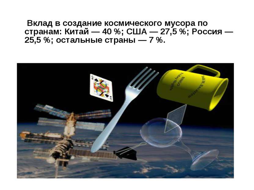 Вклад в создание космического мусора по странам: Китай — 40 %; США — 27,5 %; ...