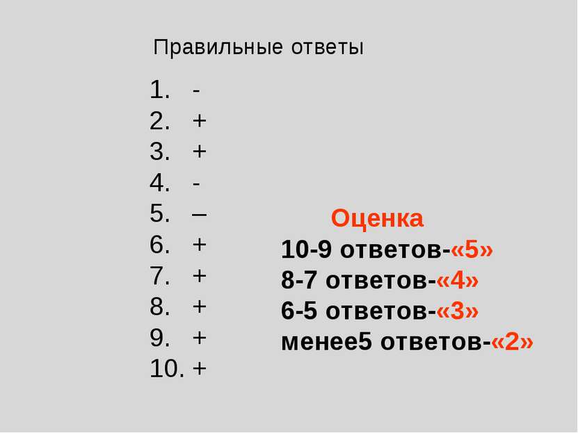1. - 2. + 3. + 4. - 5. – 6. + 7. + 8. + 9. + 10. + Правильные ответы Оценка 1...