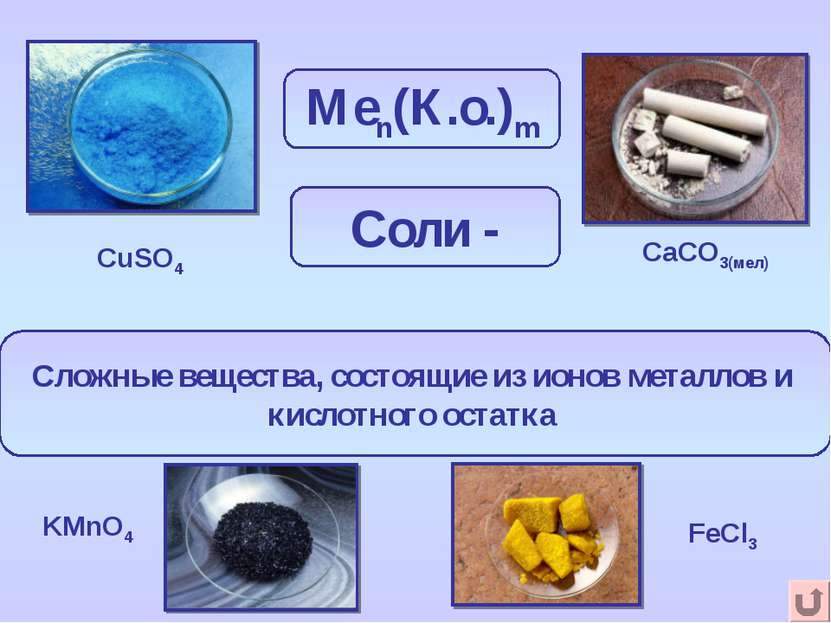Меn(К.о.)m Сложные вещества, состоящие из ионов металлов и кислотного остатка...