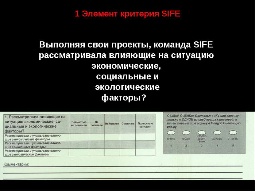 1 Элемент критерия SIFE Выполняя свои проекты, команда SIFE рассматривала вли...