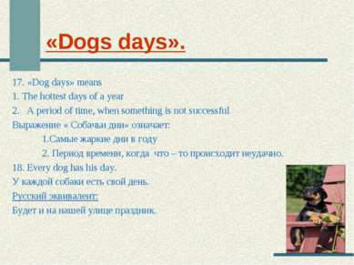 «Dogs days». 17. «Dog days» means 1. The hottest days of a year 2.   A period...
