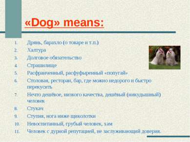 «Dog» means: Дрянь, барахло (о товаре и т.п.) Халтура Долговое обязательство ...