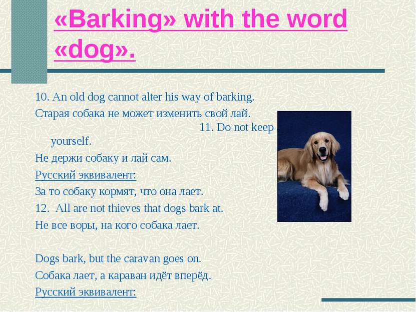 «Barking» with the word «dog». 10. An old dog cannot alter his way of barking...