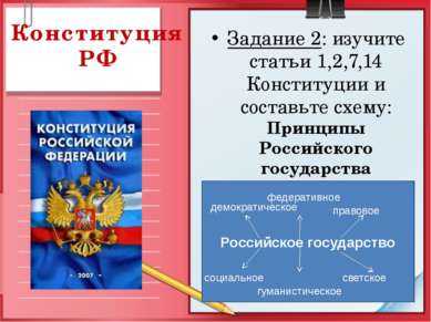 Конституция РФ Задание 2: изучите статьи 1,2,7,14 Конституции и составьте схе...
