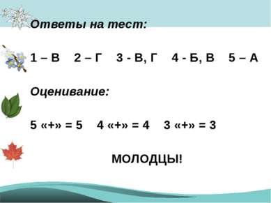 Ответы на тест: 1 – В 2 – Г 3 - В, Г 4 - Б, В 5 – А Оценивание: 5 «+» = 5 4 «...
