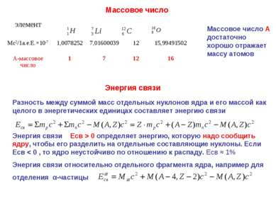 Массовое число Массовое число А достаточно хорошо отражает массу атомов Энерг...