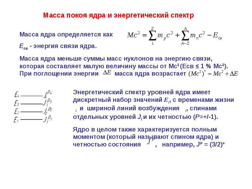 Масса покоя ядра и энергетический спектр Масса ядра определяется как Eсв - эн...
