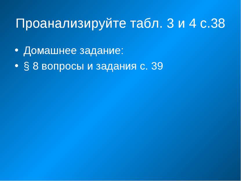 Проанализируйте табл. 3 и 4 с.38 Домашнее задание: § 8 вопросы и задания с. 39