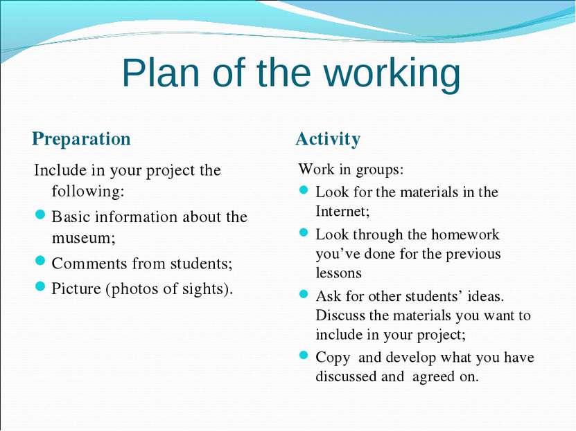 Plan of the working Preparation Activity Include in your project the followin...