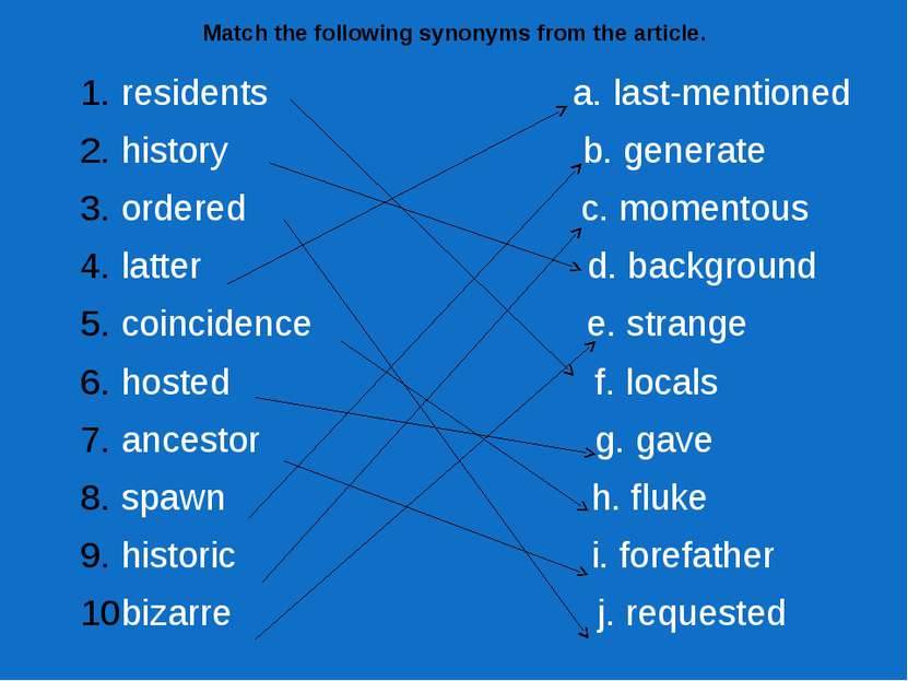 Match the following synonyms from the article. residents a. last-mentioned hi...