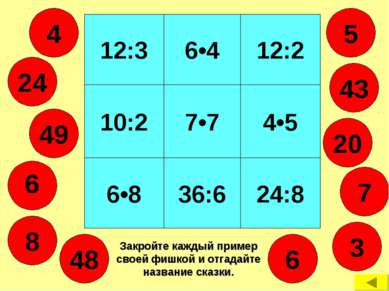 12:3 6•4 12:2 10:2 7•7 4•5 6•8 36:6 24:8 5 6 20 7 48 9 49 24 4 Закройте кажды...