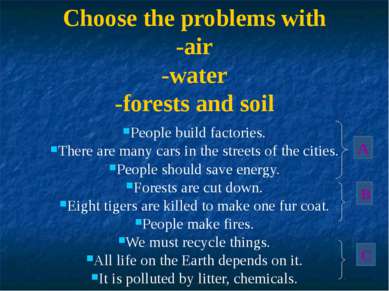 Choose the problems with -air -water -forests and soil People build factories...