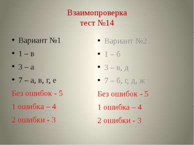 Взаимопроверка тест №14 Вариант №1 1 – в 3 – а 7 – а, в, г, е Без ошибок - 5 ...