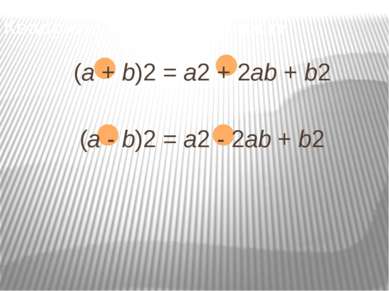 Квадраты суммы и разности (а + b)2 = a2 + 2ab + b2   (а - b)2 = a2 - 2ab + b2