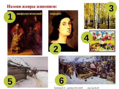 Назови жанры живописи: 1 2 3 4 5 6 мифологический портрет Путилова Е.Л. учите...