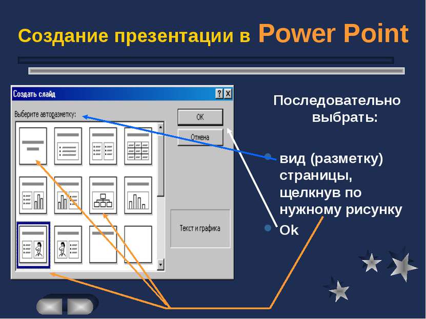Создание презентации в Power Point Последовательно выбрать: вид (разметку) ст...