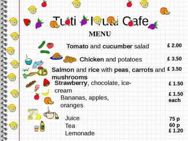 Tutti – Frutti Cafe MENU Tomato and cucumber salad £ 2.00 Chicken and potatoe...