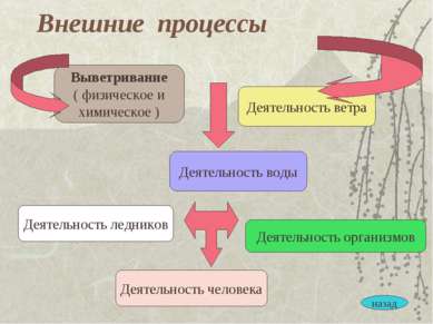 Внешние процессы Выветривание ( физическое и химическое ) Деятельность воды Д...