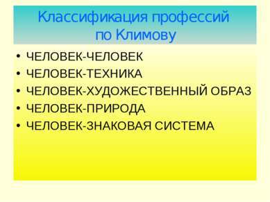 Классификация профессий по Климову ЧЕЛОВЕК-ЧЕЛОВЕК ЧЕЛОВЕК-ТЕХНИКА ЧЕЛОВЕК-ХУ...