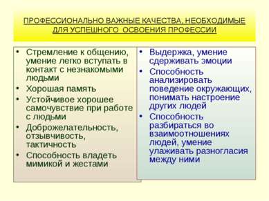 ПРОФЕССИОНАЛЬНО ВАЖНЫЕ КАЧЕСТВА, НЕОБХОДИМЫЕ ДЛЯ УСПЕШНОГО ОСВОЕНИЯ ПРОФЕССИИ...