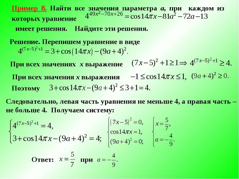 Пример 8. Найти все значения параметра а, при каждом из которых уравнение име...