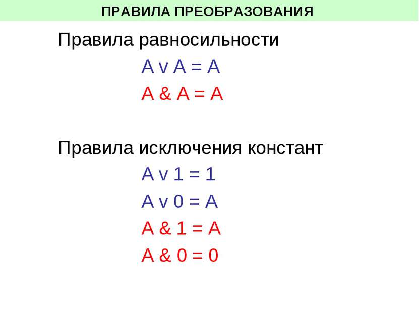 ПРАВИЛА ПРЕОБРАЗОВАНИЯ Правила равносильности А v A = А A & A = A Правила иск...