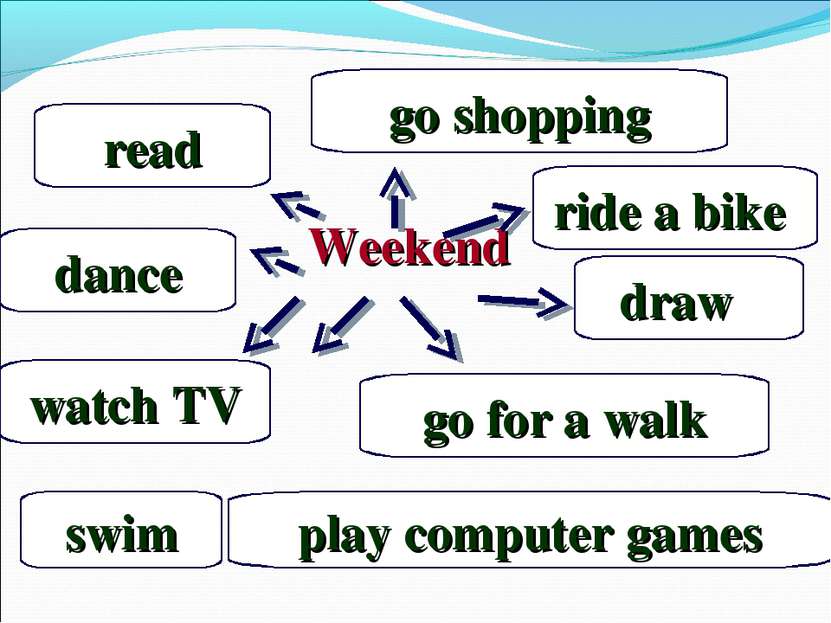 Weekend watch TV dance play computer games go for a walk read draw go shoppin...