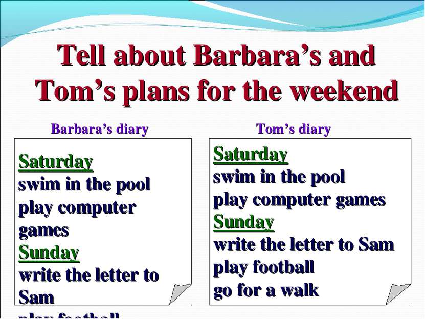 Tell about Barbara’s and Tom’s plans for the weekend Saturday swim in the poo...