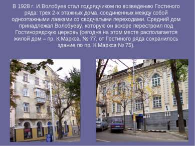 В 1928 г. И.Волобуев стал подрядчиком по возведению Гостиного ряда: трех 2-х ...