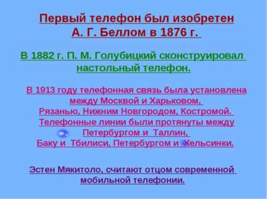 Первый телефон был изобретен А. Г. Беллом в 1876 г. В 1882 г. П. М. Голубицки...