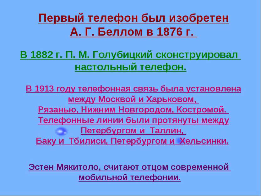 Первый телефон был изобретен А. Г. Беллом в 1876 г. В 1882 г. П. М. Голубицки...