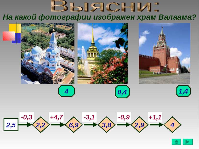 На какой фотографии изображен храм Валаама? 2,5 -0,3 -3,1 -0,9 +1,1 +4,7 2,2 ...