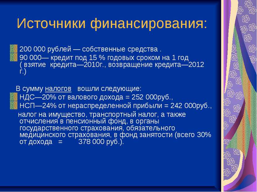Источники финансирования: 200 000 рублей — собственные средства . 90 000— кре...