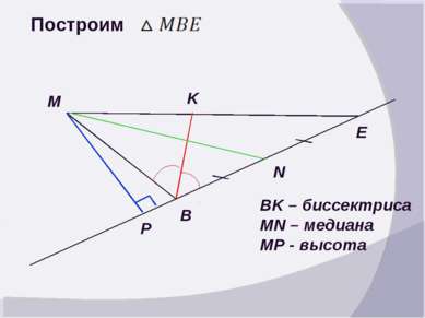 Построим E B M K N P BK – биссектриса MN – медиана MP - высота