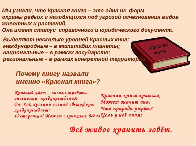 Красная книга Мы узнали, что Красная книга – это одна из форм охраны редких и...