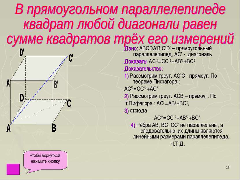 * Дано: ABCDA’B’C’D’ – прямоугольный параллелепипед, AC’ - диагональ Доказать...