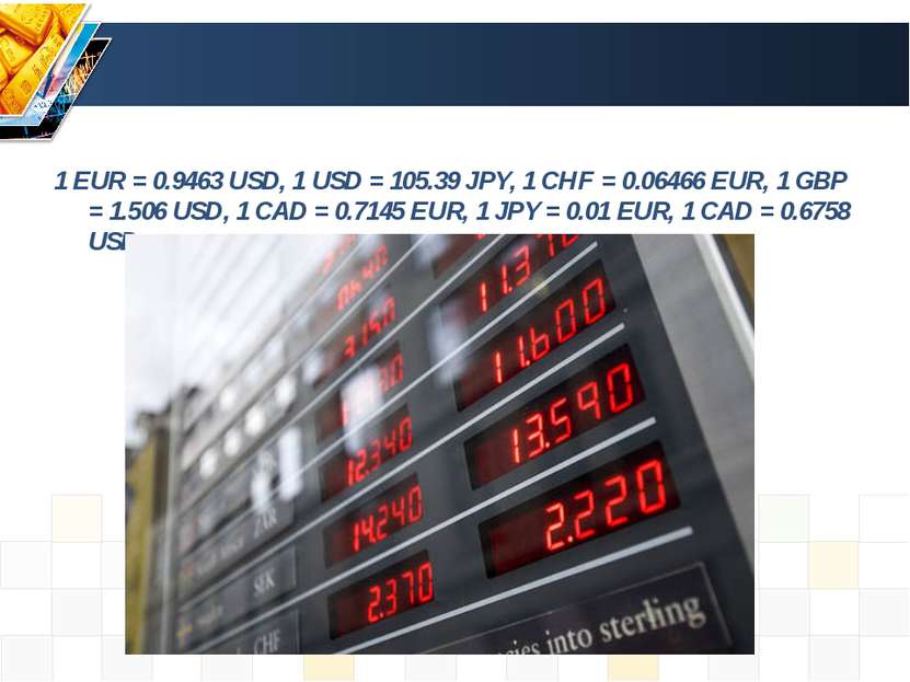 1 EUR = 0.9463 USD, 1 USD = 105.39 JPY, 1 CHF = 0.06466 EUR, 1 GBP = 1.506 US...